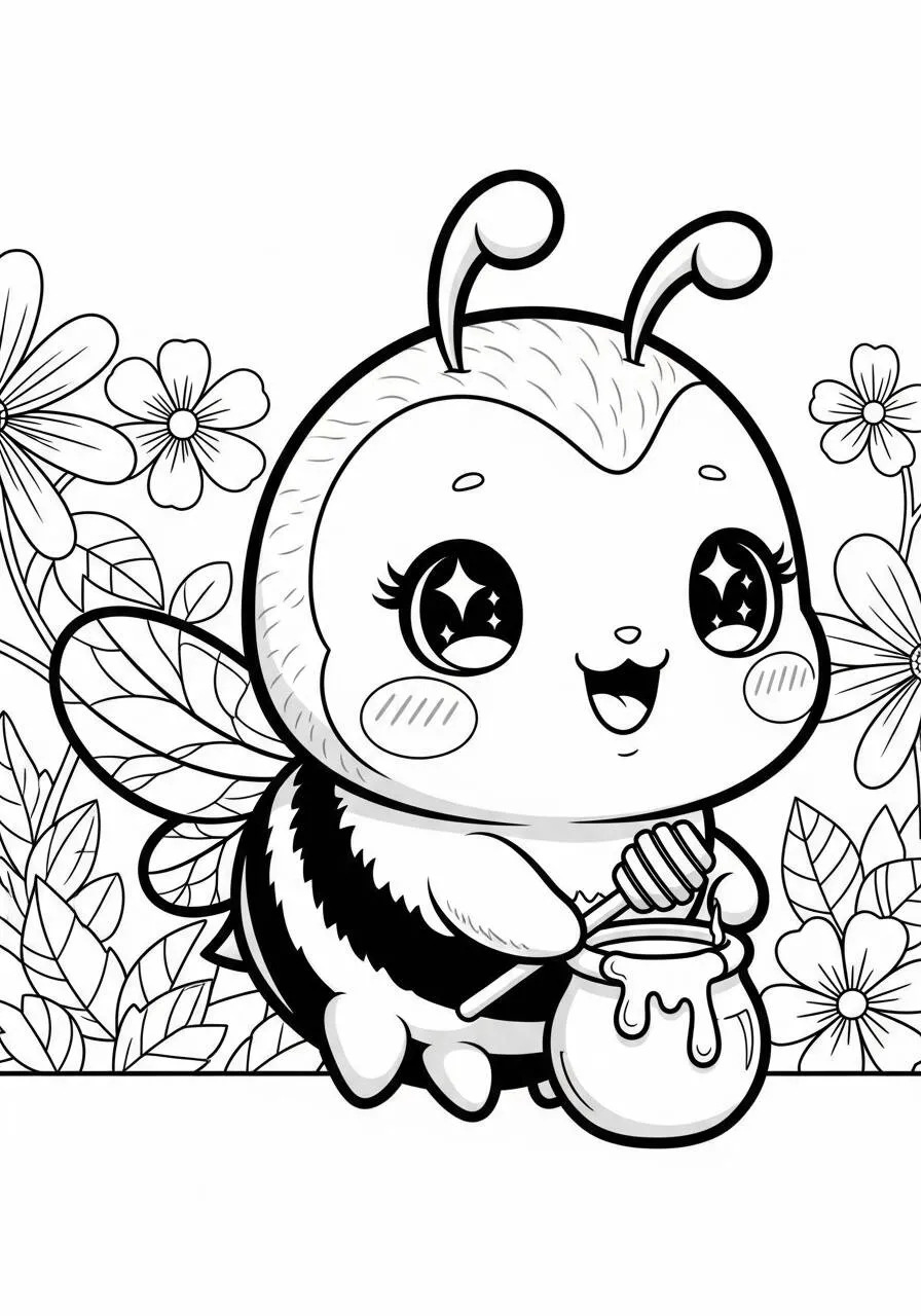Kawaii Biene mit Honigtopf zum Ausmalen