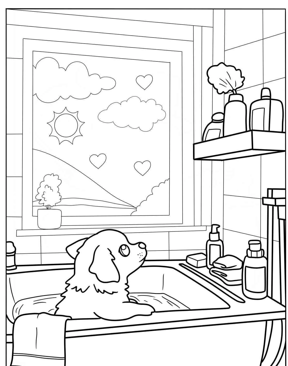 Desenho Kawaii de Cachorrinho Tomando Banho para Colorir