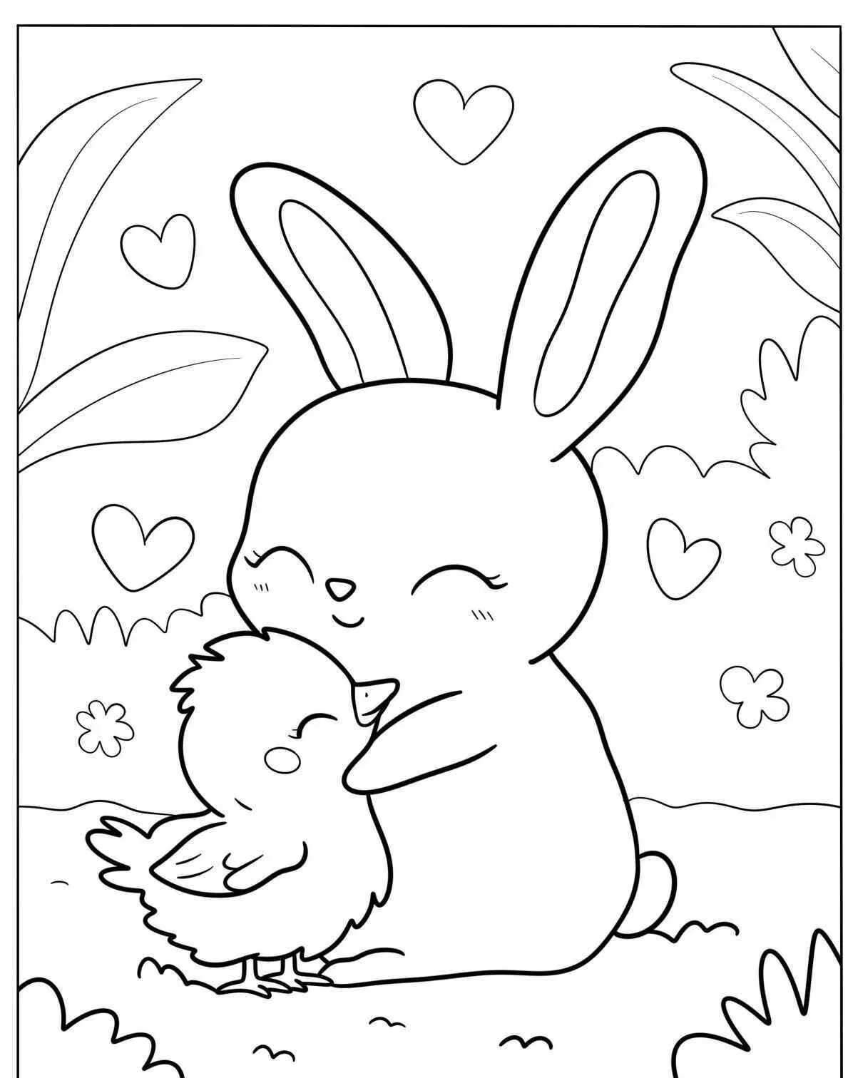 Desenho Kawaii de Coelhinho Abraçando Pintinho para Colorir
