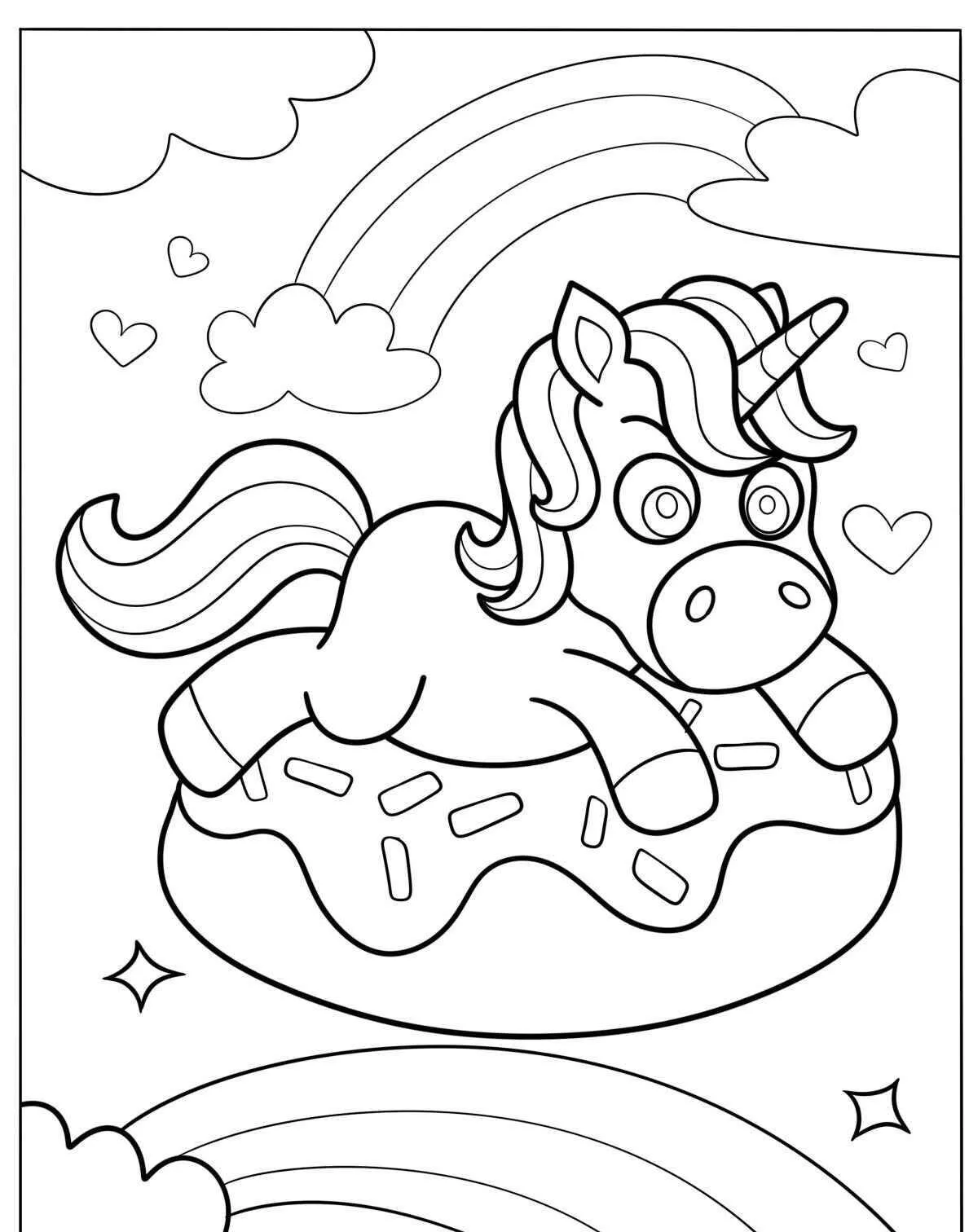 Desenho Kawaii de Unicórnio em Donut para Colorir