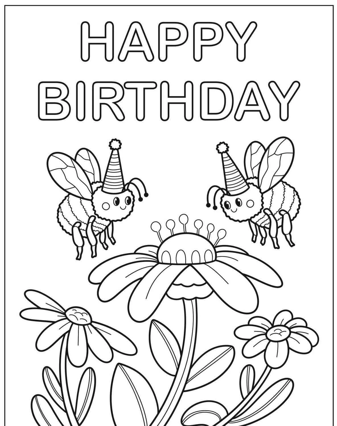 Desenho de Abelhas Festivas com Chapéus de Aniversário para Colorir