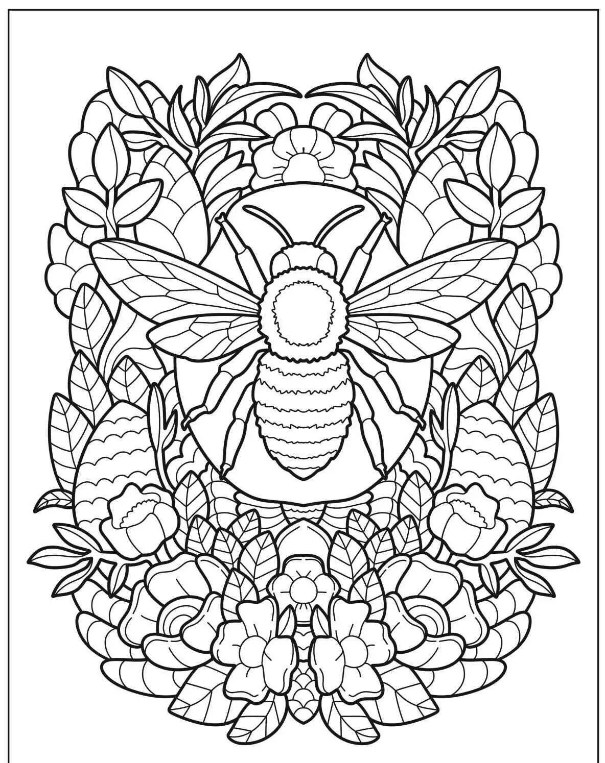 Desenho de Abelha Detalhada com Flores para Colorir