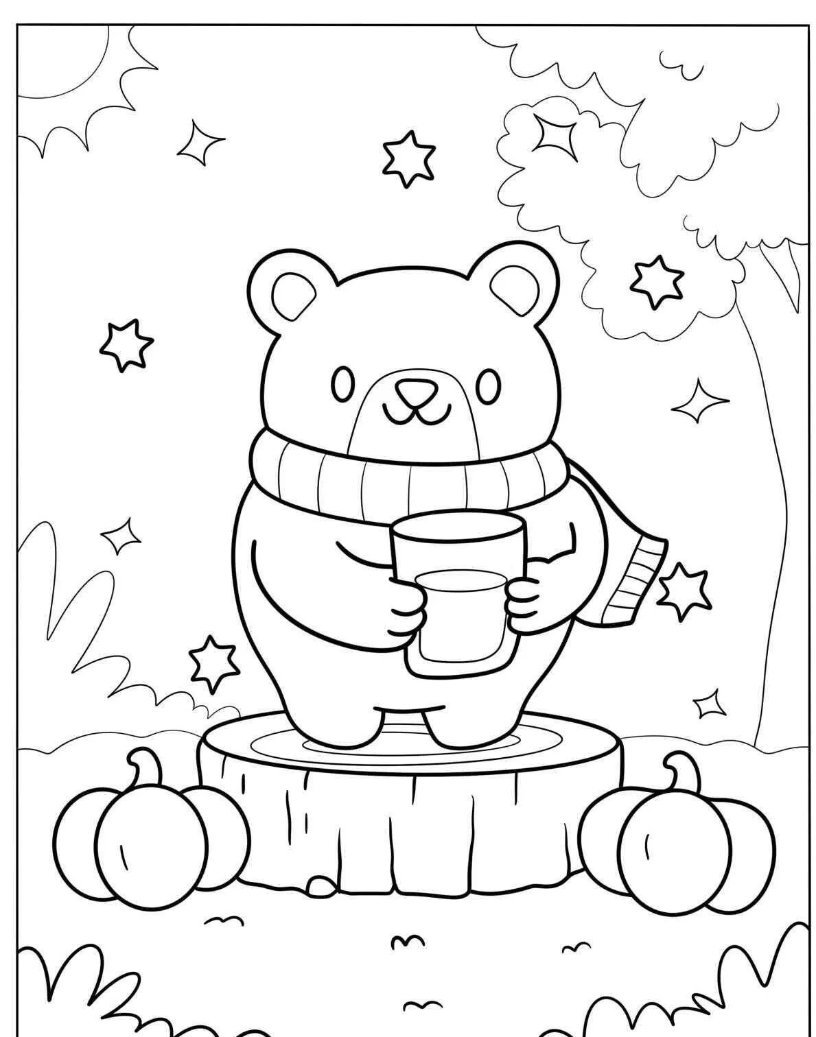 Desenho Kawaii de Ursinho com Caneca para Colorir