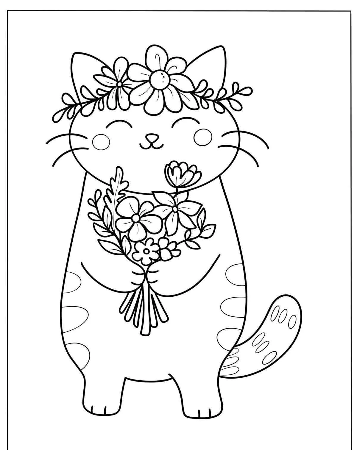 Desenho Kawaii de Gato com Flores para Colorir