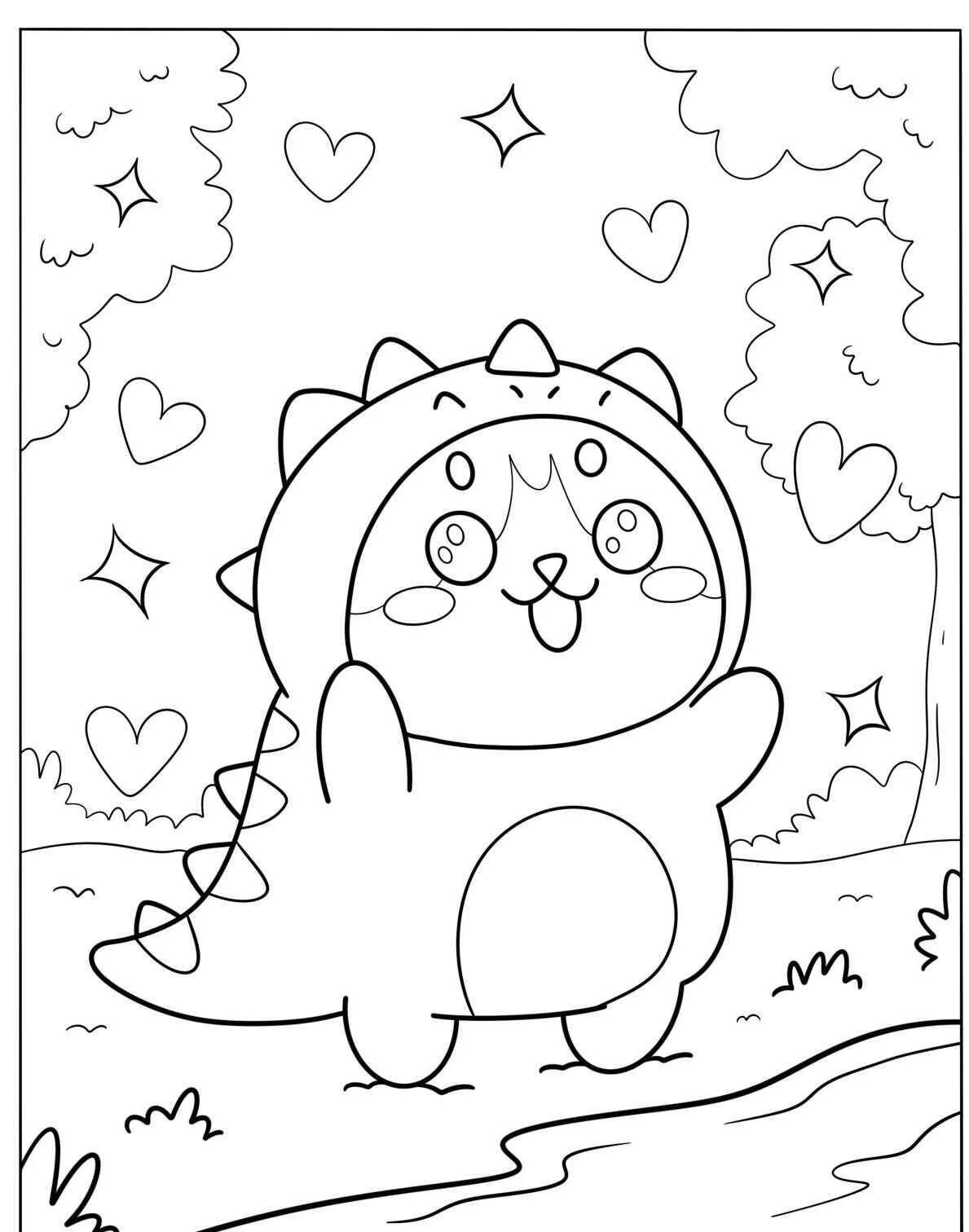 Desenho Kawaii de Dinossauro Fofo para Colorir