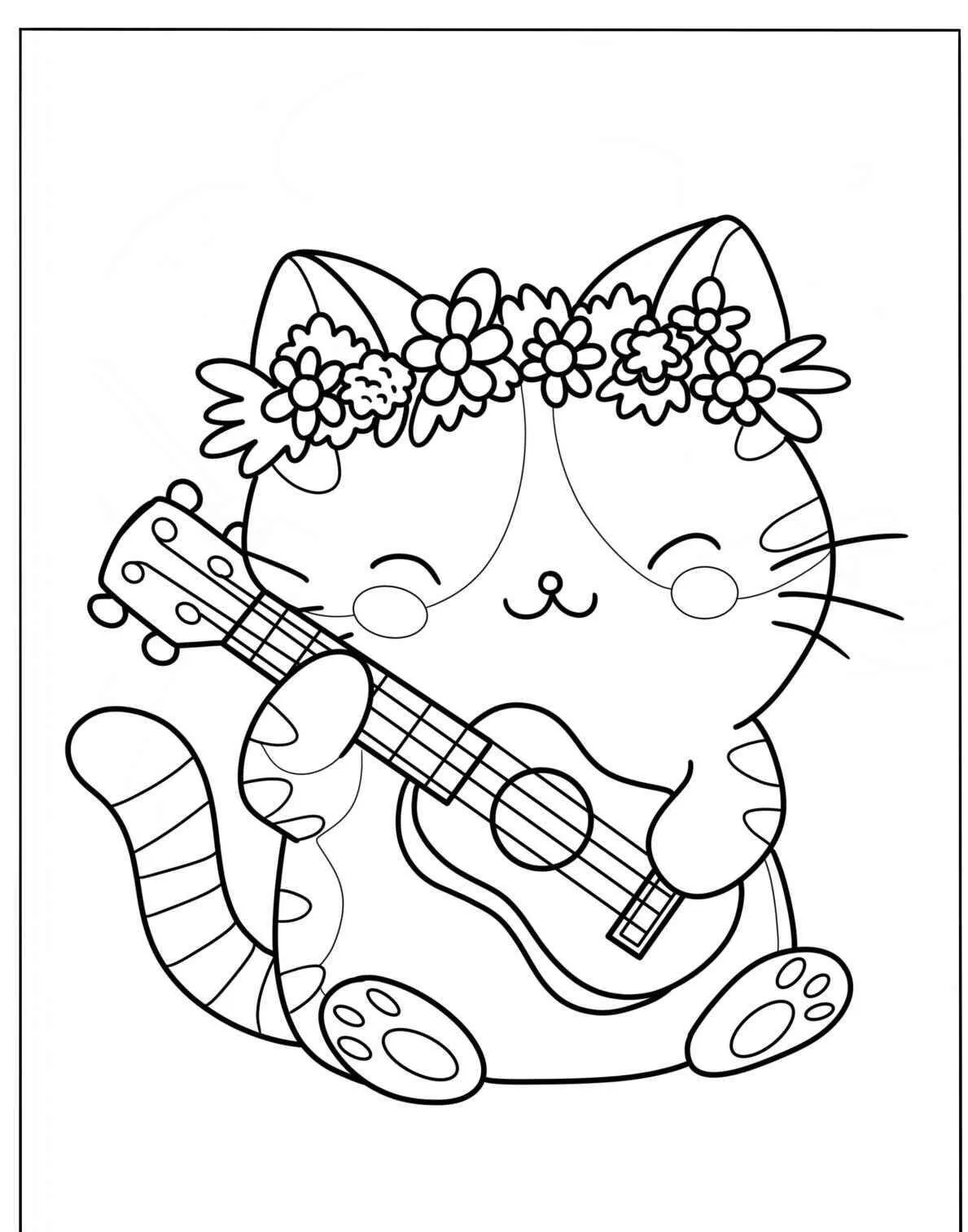 Desenho Kawaii de Gatinho Fofo Tocando Ukulele para Colorir