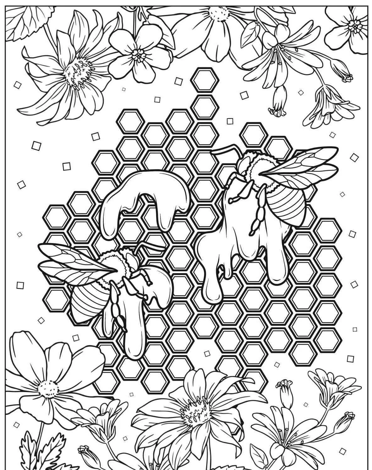 Desenho de Abelhas Coletando Mel em uma Colmeia para Colorir