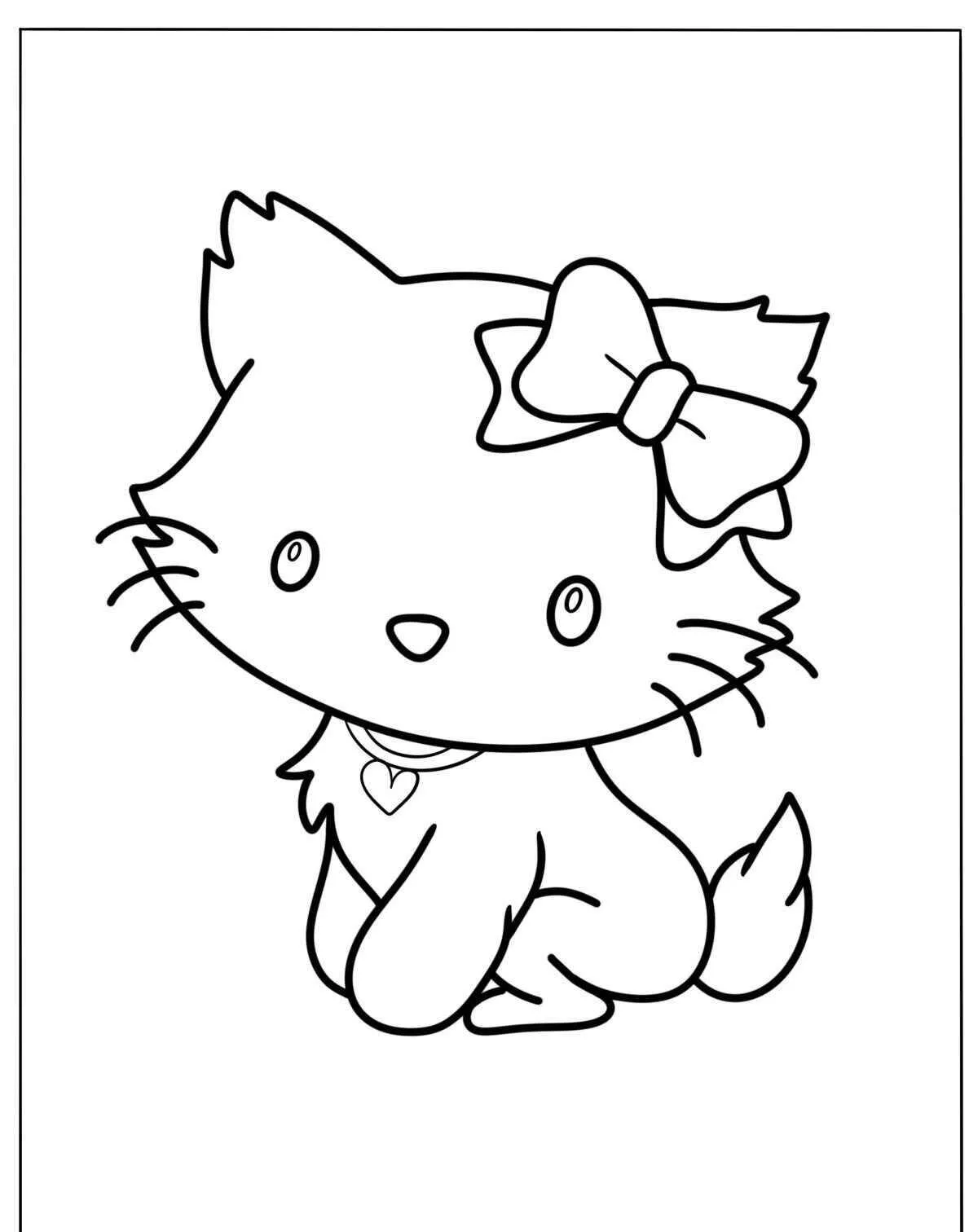 Desenho Kawaii de Gato Fofo com Laço para Colorir
