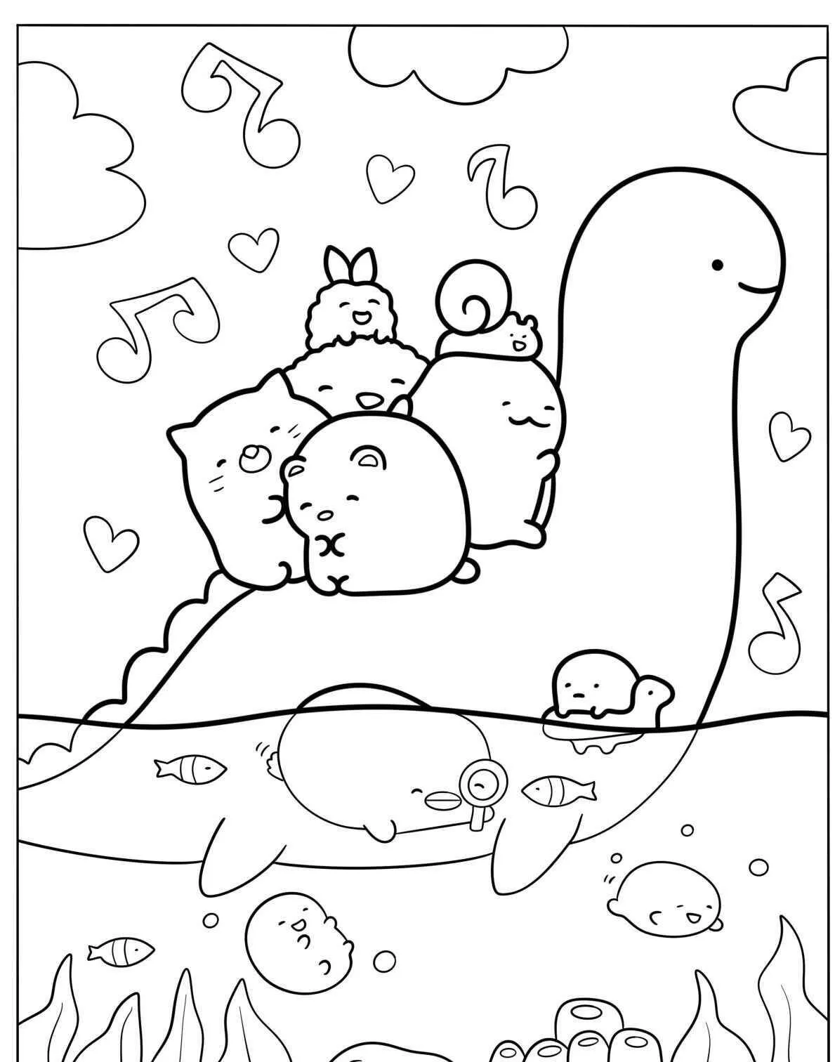 Dibujo de Dinosaurio kawaii con Lindos Animales para Colorear