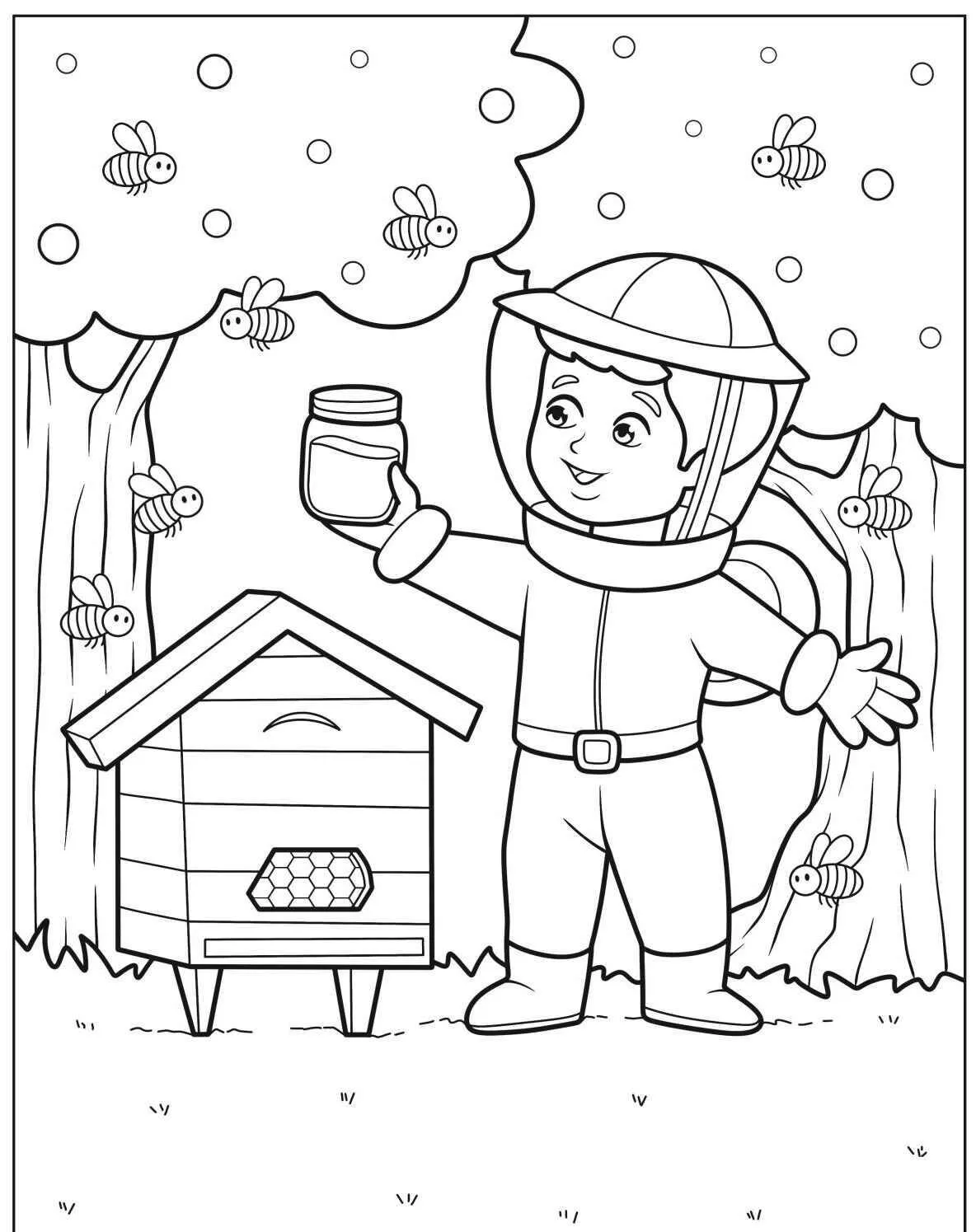Desenho de Apicultor com Colmeia e Mel para Colorir