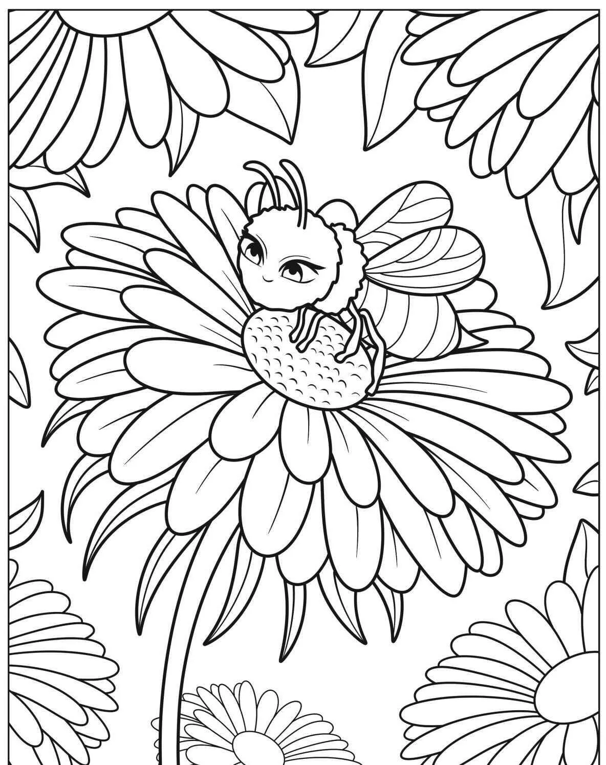 Desenho de Abelha Fofa em Flor para Colorir