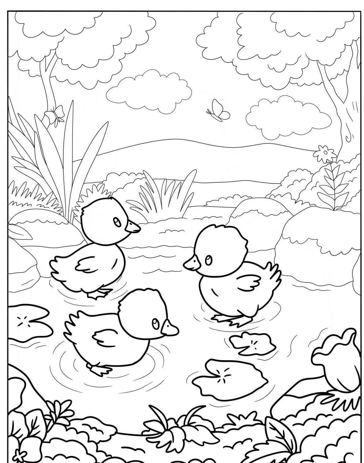 Dibujo kawaii de Patitos Jugando en el Agua para Colorear