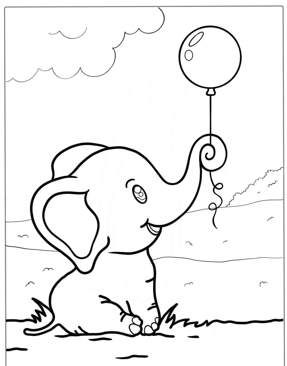 Dibujo kawaii de Lindo Elefante con Globo para Colorear