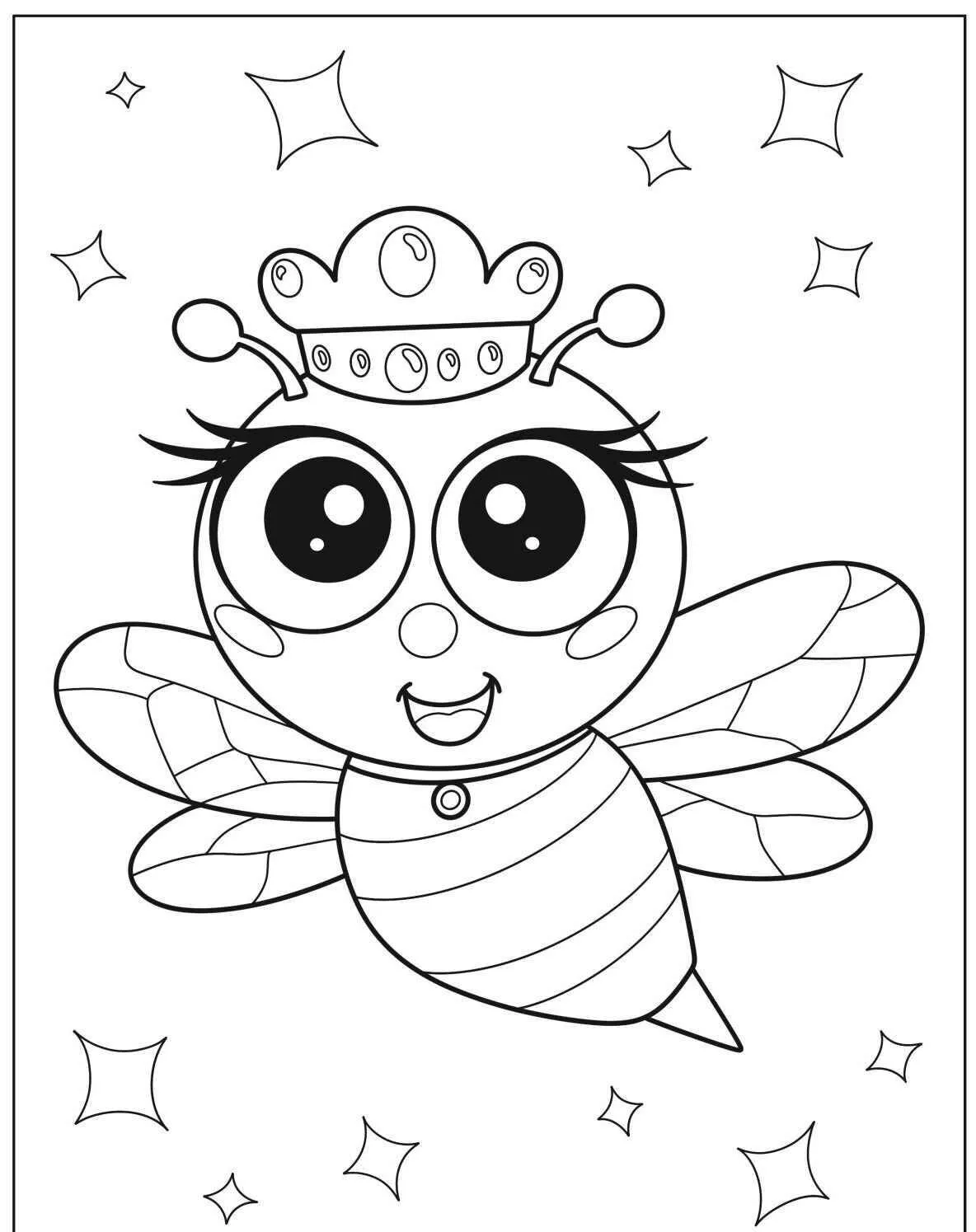 Desenho de Abelha Kawaii com Coroa para Colorir
