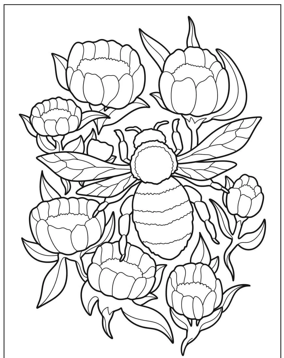 Desenho de Abelha Rodeada de Flores para Colorir