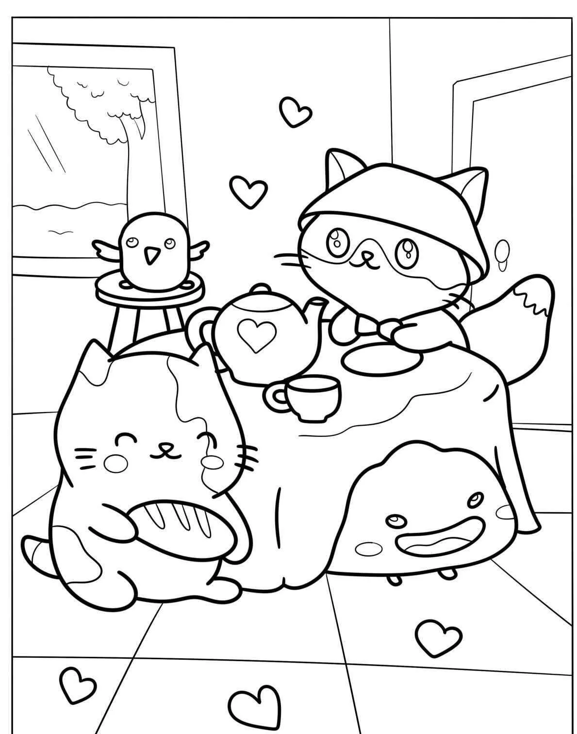 Página para colorear de gatitos kawaii en el té de la tarde