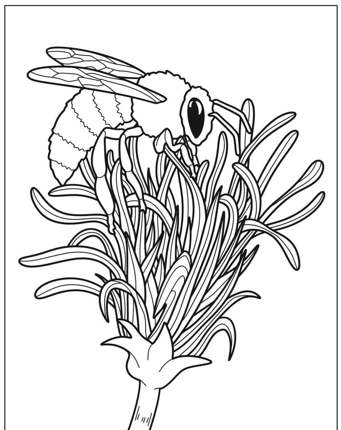 Desenho de Abelha Coletando Néctar de Flor para Colorir