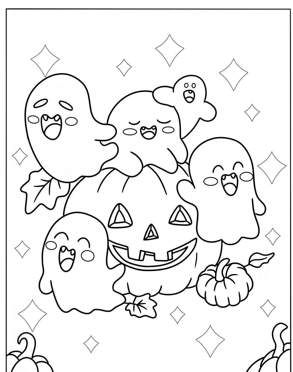Página para colorear divertida de fantasmas kawaii con calabaza