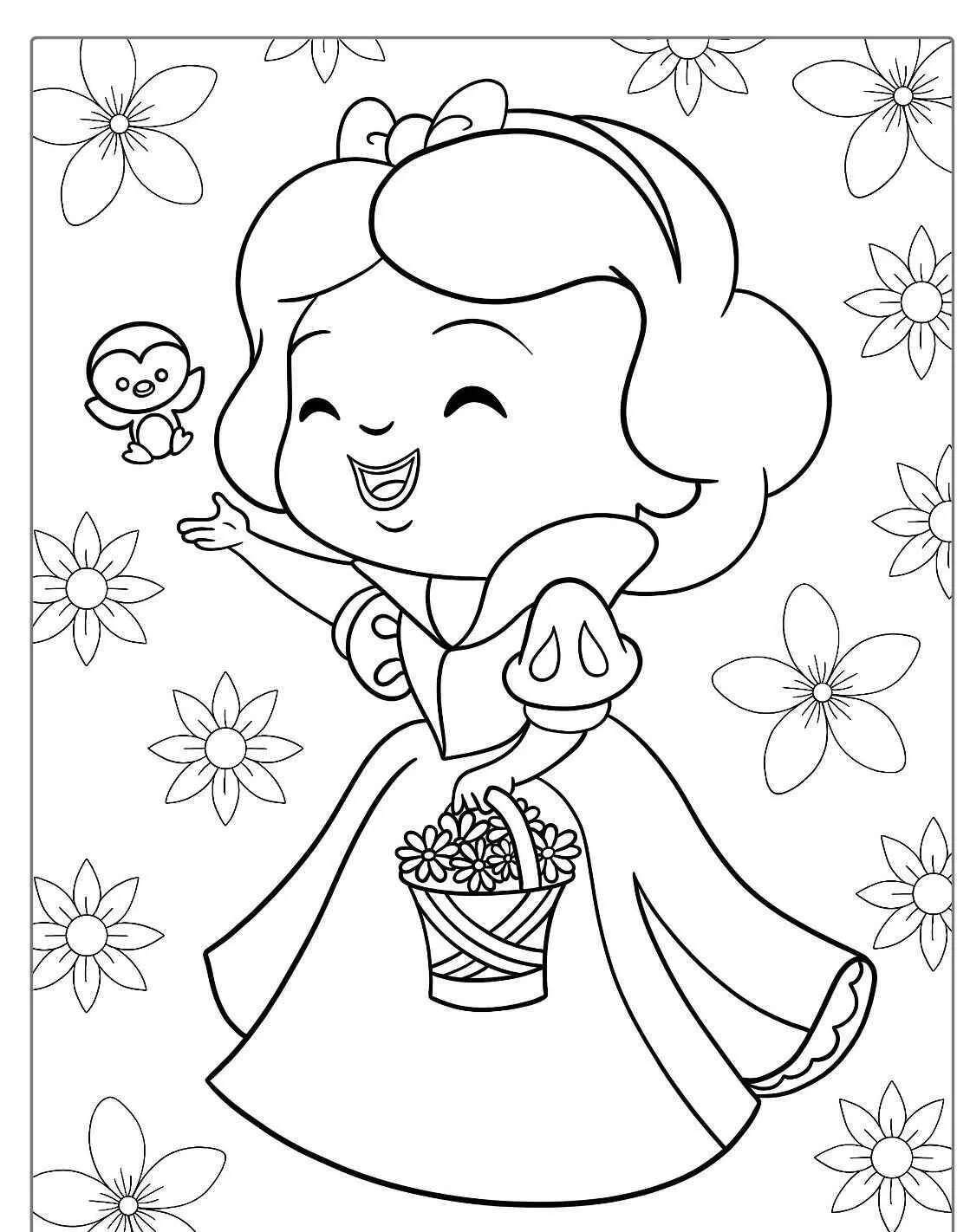 Página para colorear de niña kawaii con cesta de flores