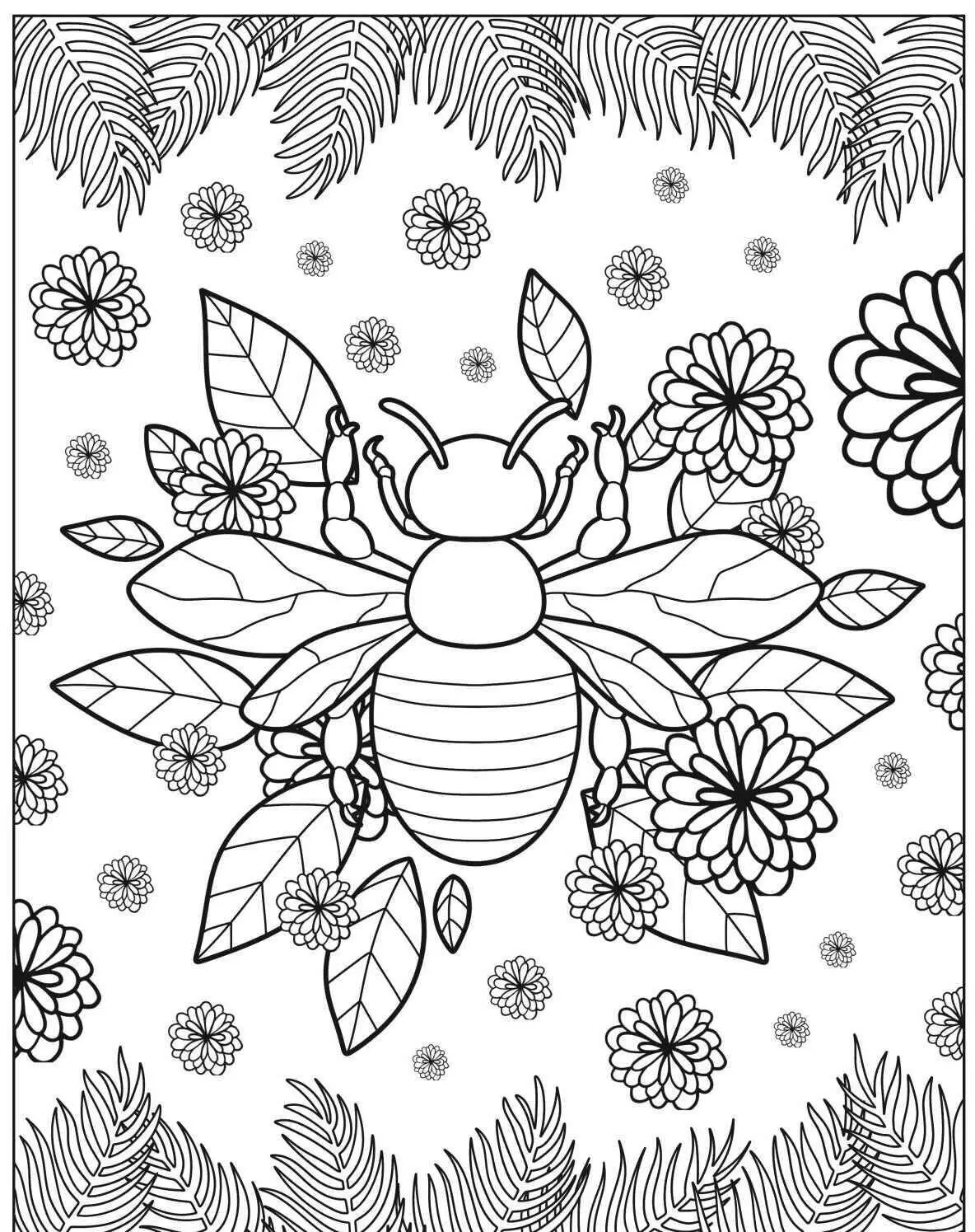 Desenho de Abelha entre Flores para Colorir
