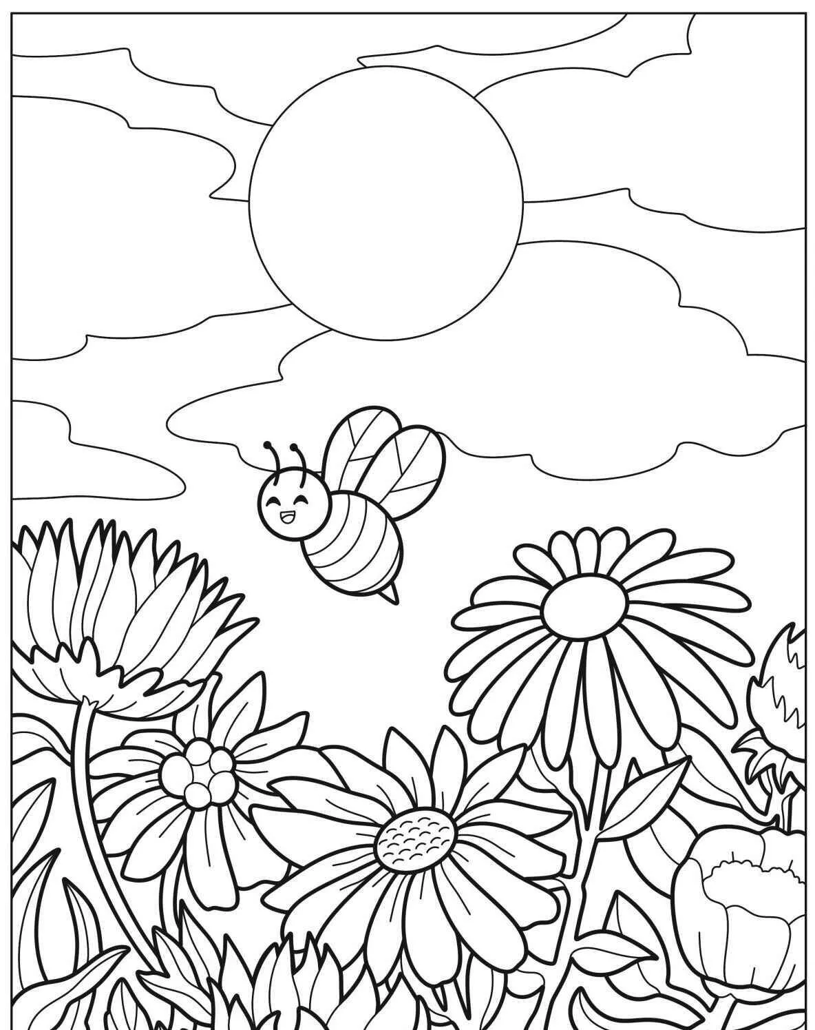 Desenho de Abelha Feliz Voando entre Flores para Colorir