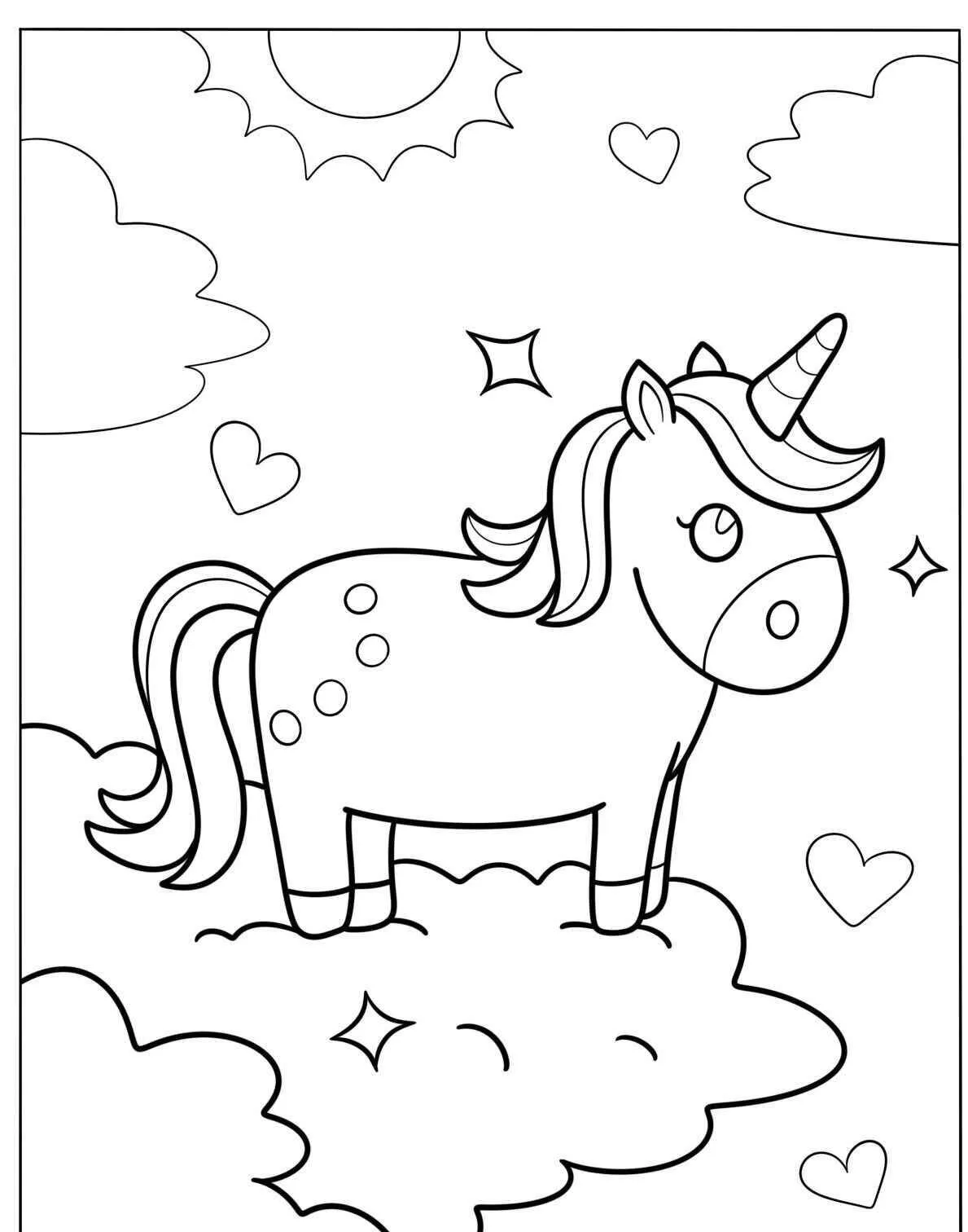 Página para colorear de lindo unicornio kawaii en las nubes