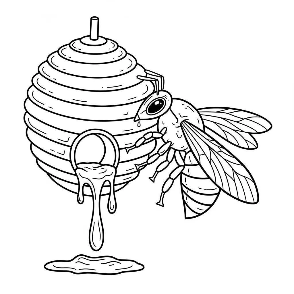 Desenho de Abelha com Colmeia e Mel para Colorir
