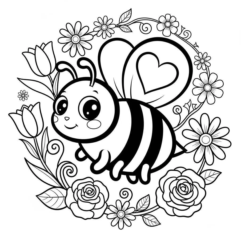 Desenho de Abelha Fofa com Coração e Flores para Colorir