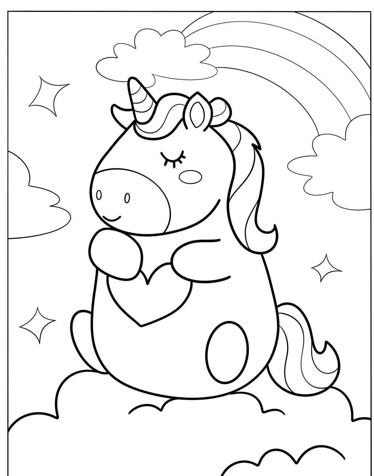Página para colorear de lindo unicornio kawaii con corazón