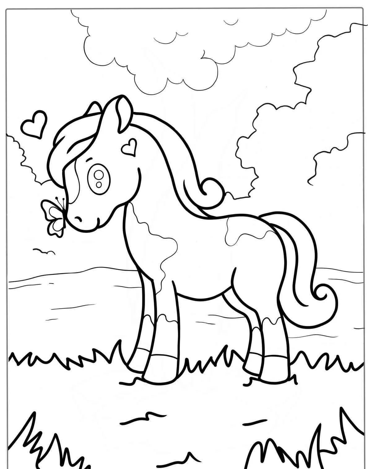 Página para colorear de lindo pony kawaii con mariposa