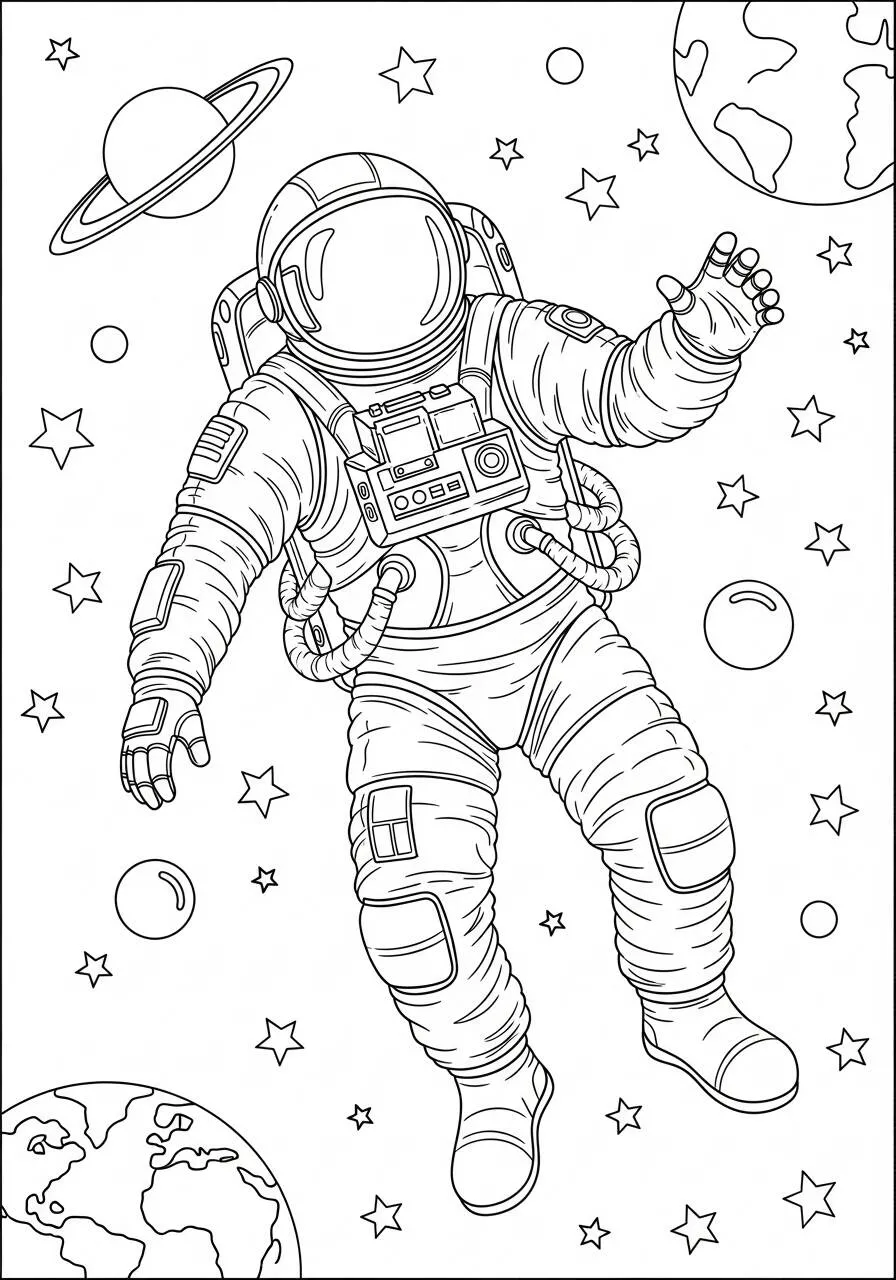Coloriage d'astronaute flottant dans l'espace avec des planètes