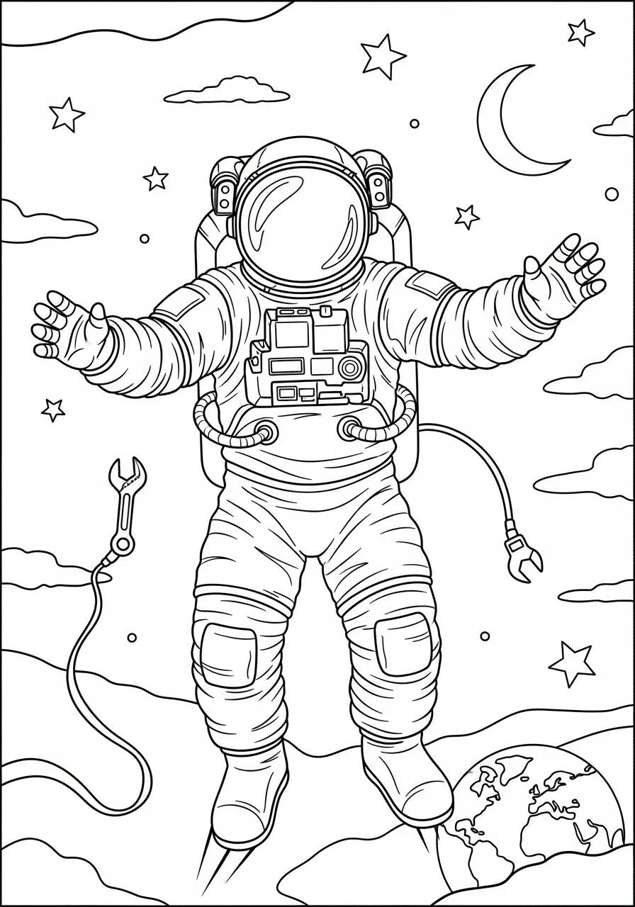 Coloriage d'astronaute flottant dans l'espace avec la Terre en arrière-plan