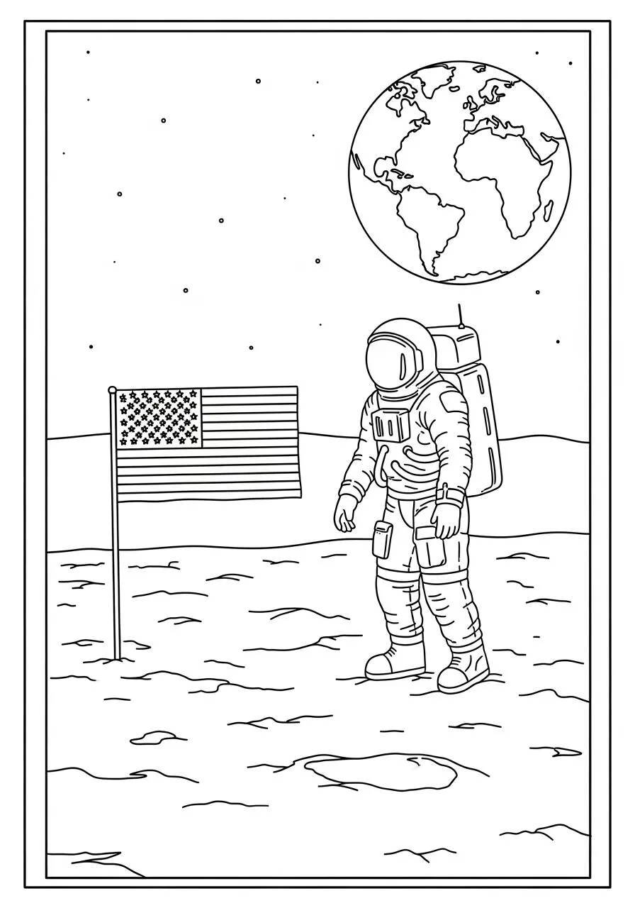 Coloriage Astronaute plantant un drapé sur la Lune