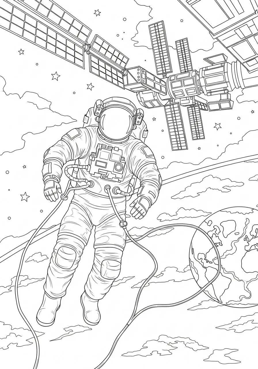 Coloriage d'astronaute flottant dans l'espace avec la station spatiale