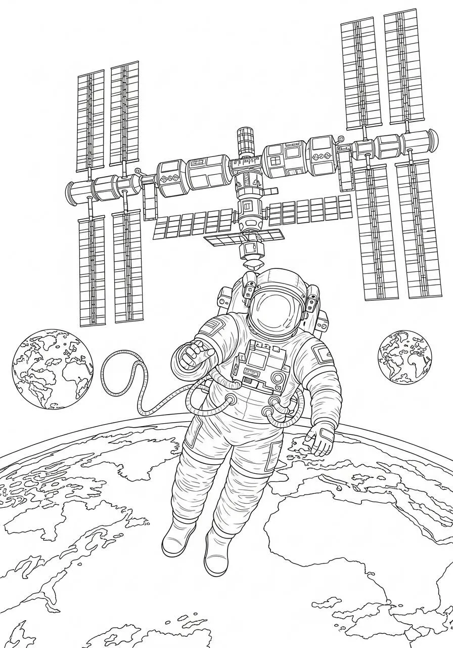 Astronauta che galleggia sulla stazione spaziale Pagina da colorare