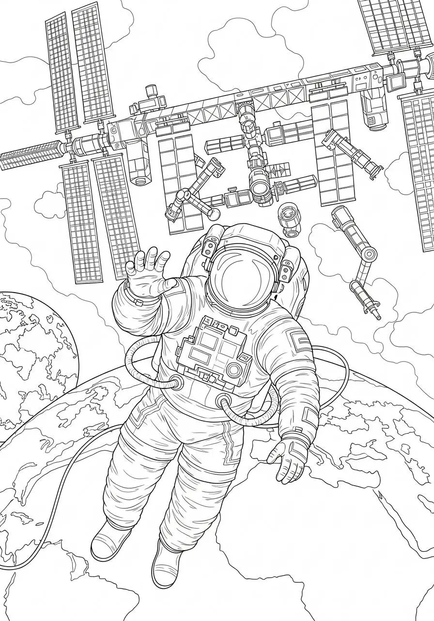 Dibujo de Astronauta flotando en la estación espacial para colorear