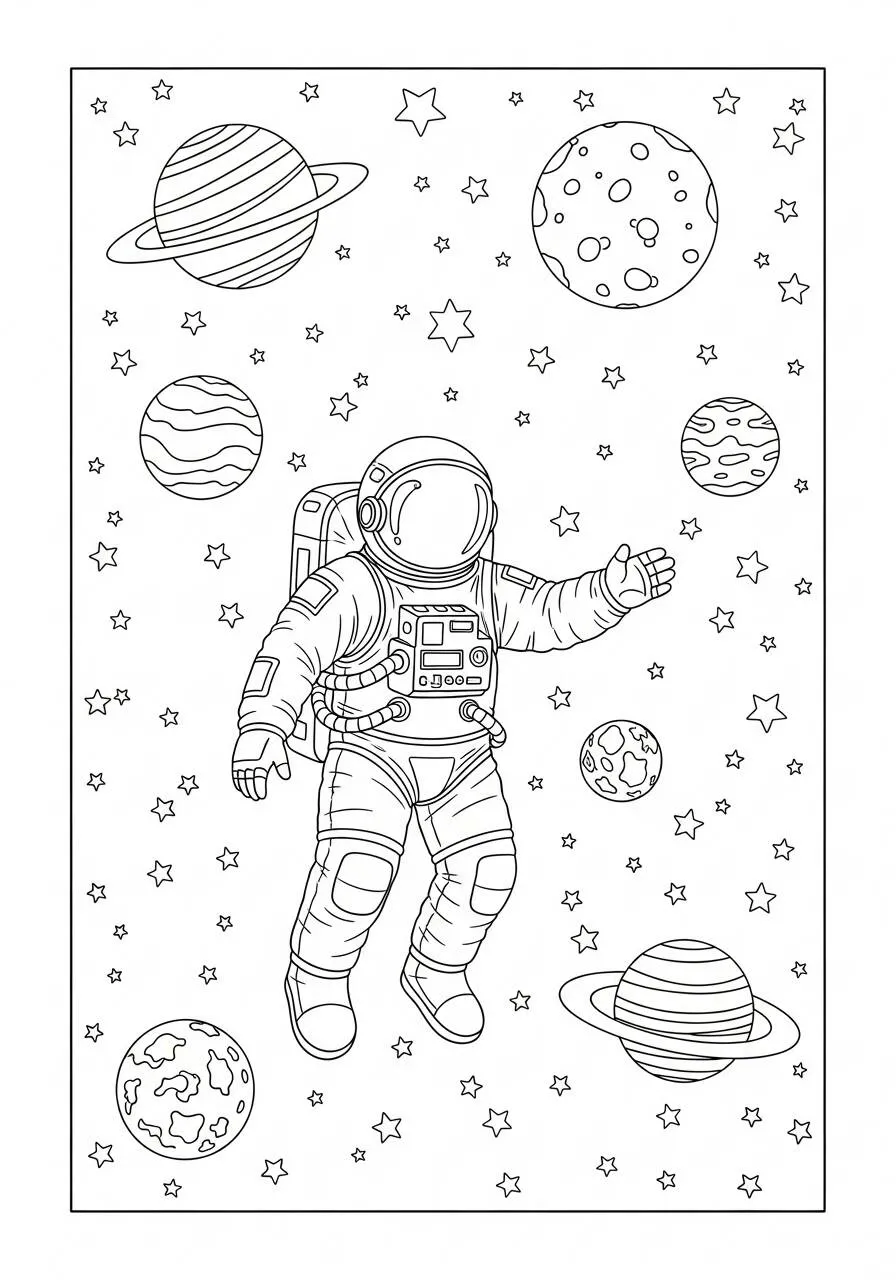 Dibujo de astronauta flotando entre planetas para colorear