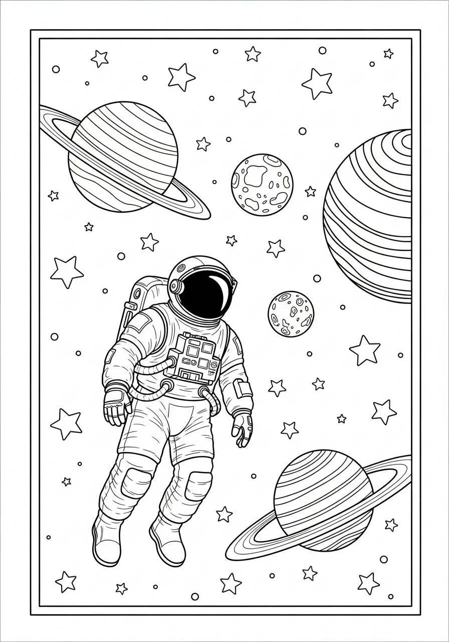 Dibujo de astronauta flotando entre planetas para colorear