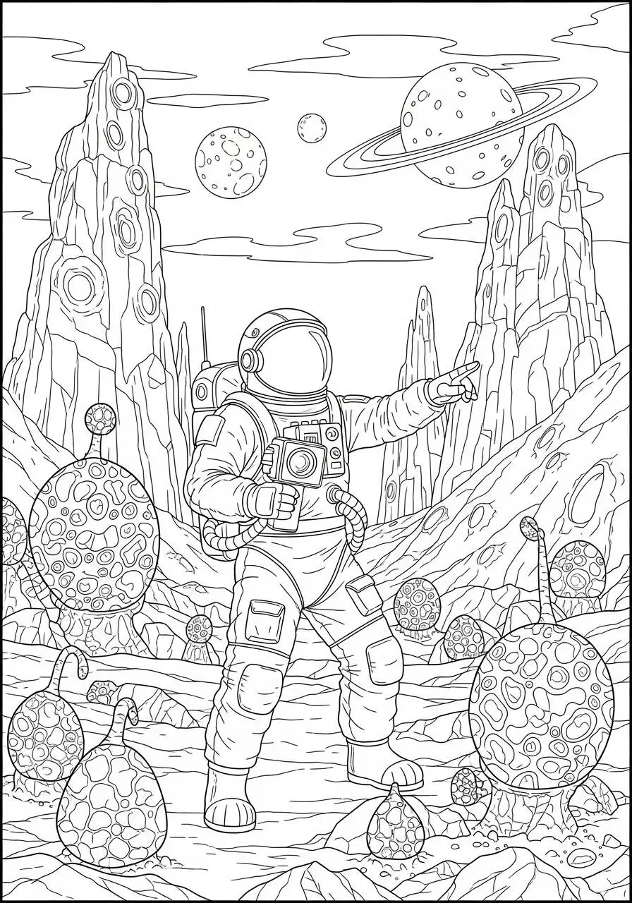 Astronauta explorando planetas alienígenas para colorear