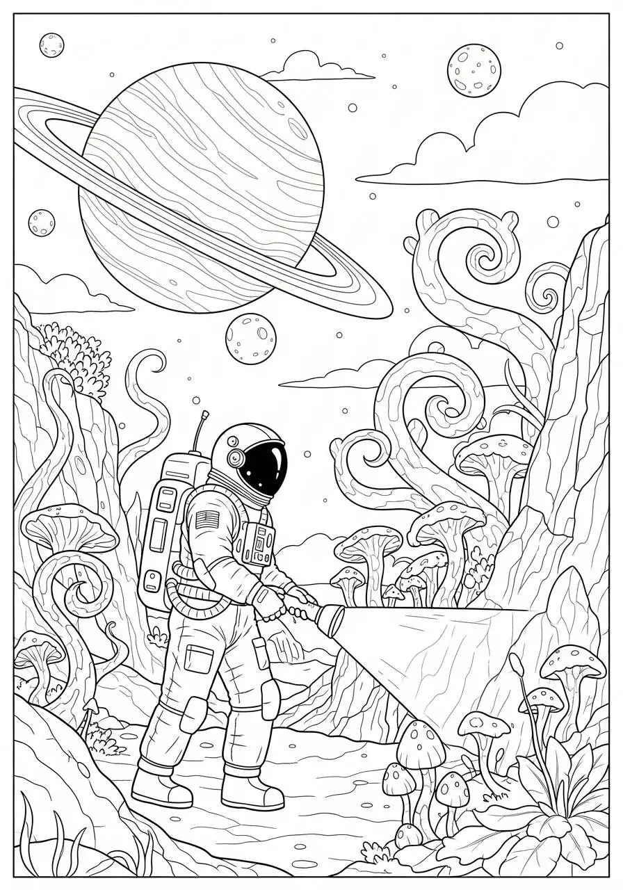 Astronauta explorando un planeta alienígena para colorear