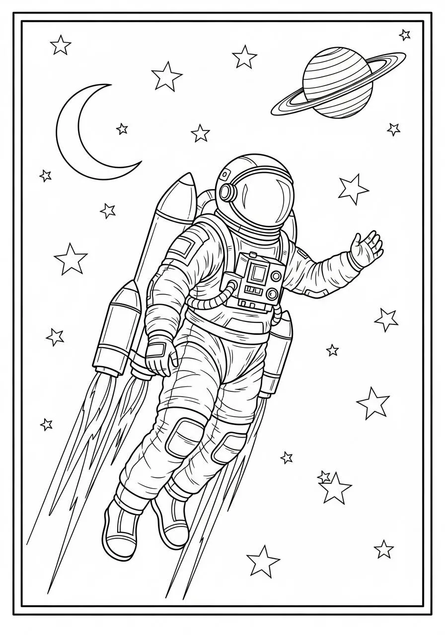 Dibujo para colorear de astronauta con cohetes y planetas