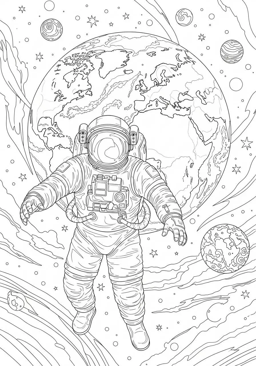 Dibujo de Astronauta flotando en el espacio con la Tierra de fondo para colorear