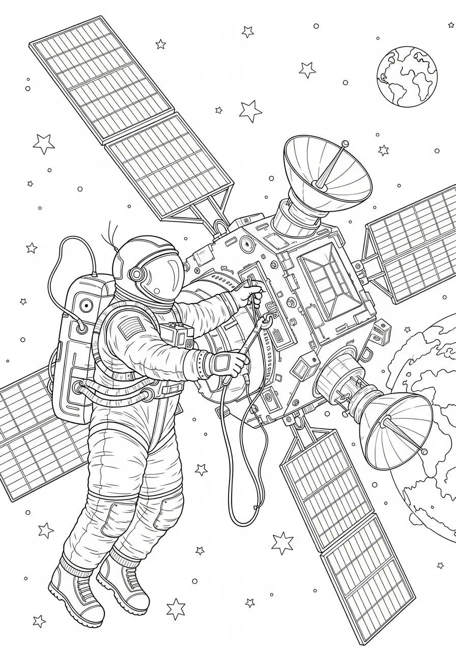 Astronauta reparando satélite en el espacio Dibujo para colorear