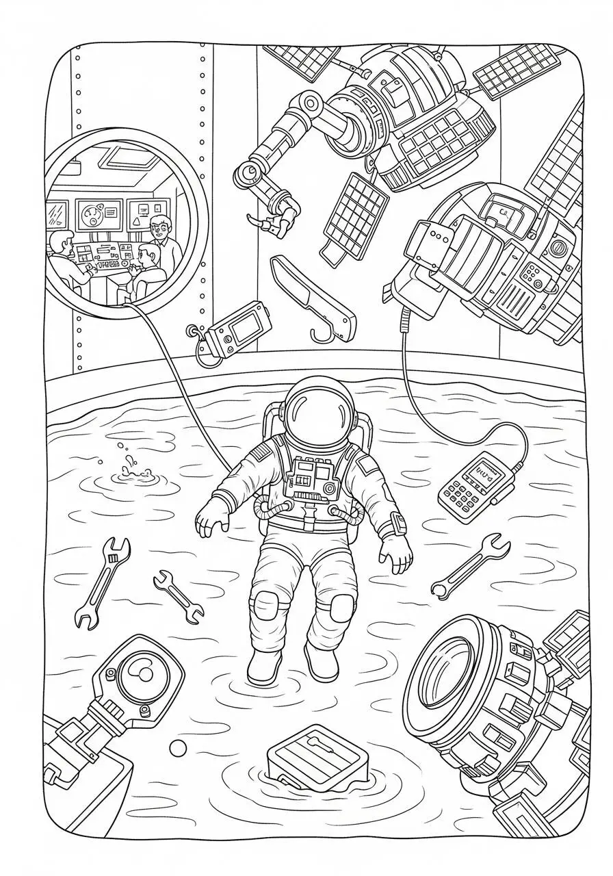 Desenho de Astronauta Flutuando em uma Estação Espacial para Colorir