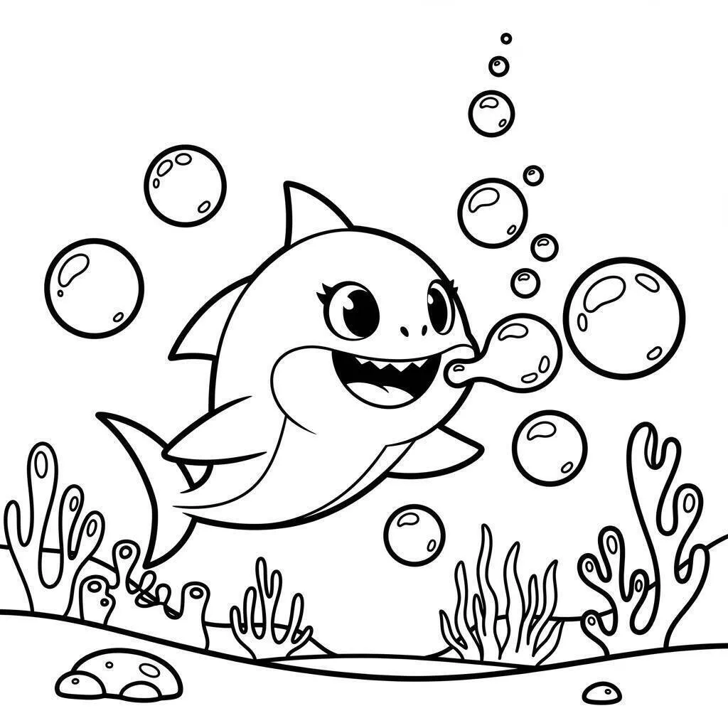 Dibujo para colorear de tiburón bebé jugando con burbujas