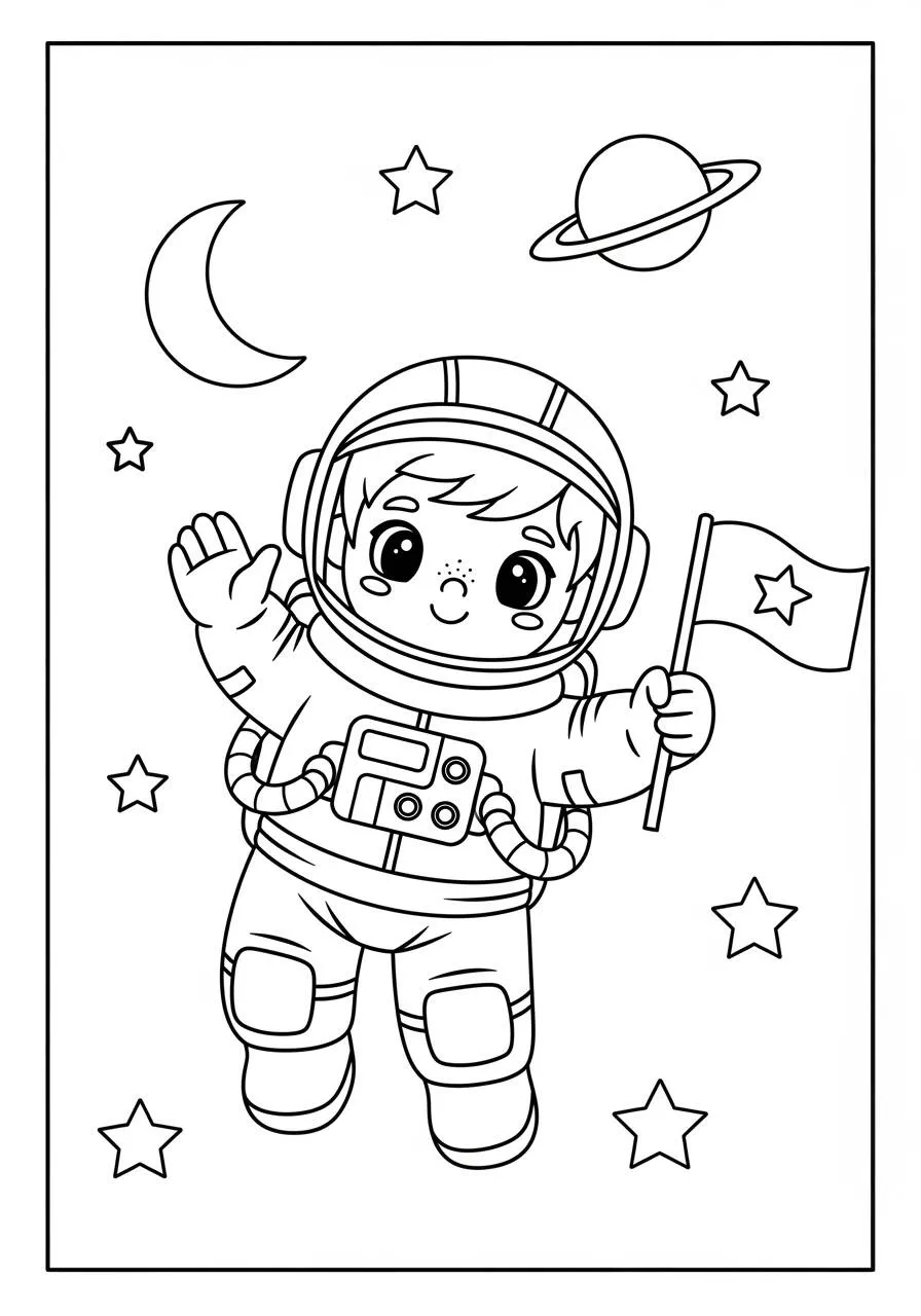 Desenho de Astronauta Kawaii Acenando no Espaço para Colorir
