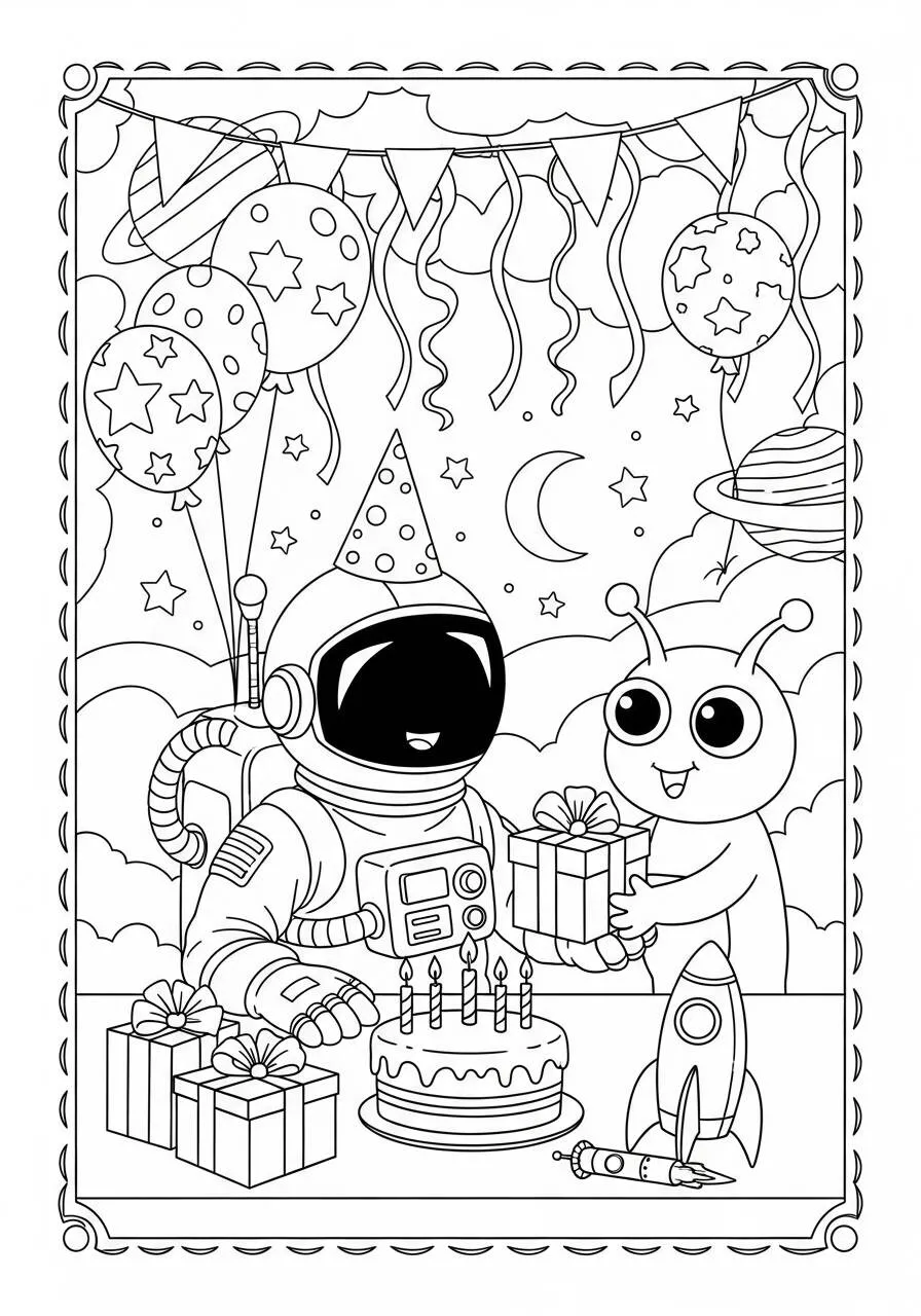 Desenho de Astronauta Celebrando Aniversário no Espaço para Colorir