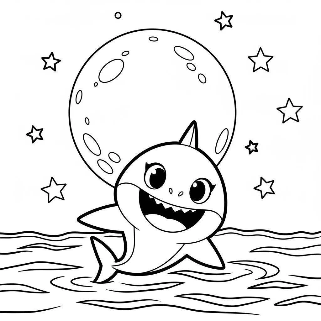 Dibujo para colorear de tiburón bebé sonriendo con la luna