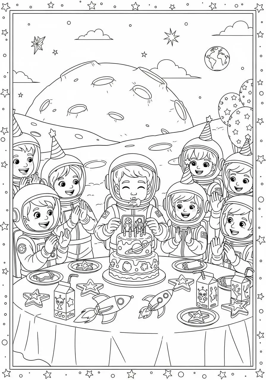 Desenho de Astronautas Celebrando Aniversário no Espaço para Colorir