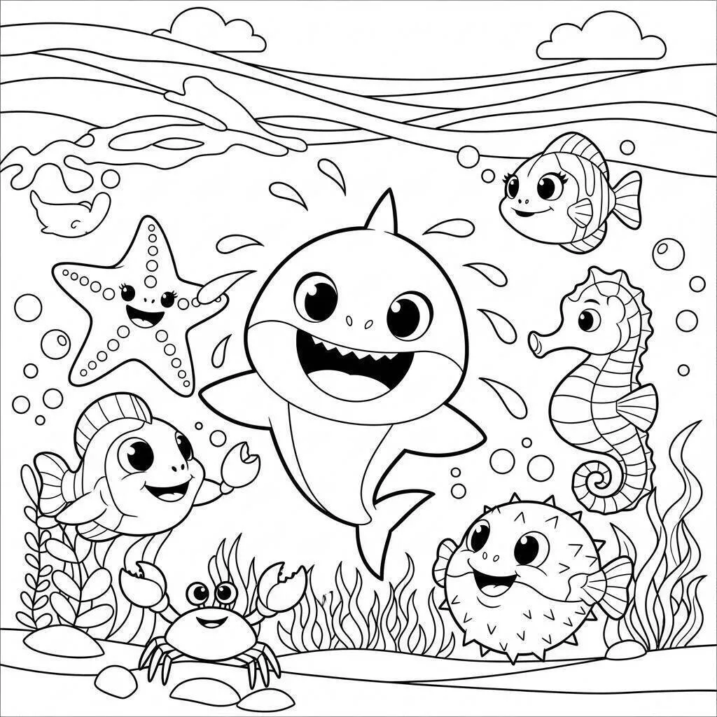 Dibujo para colorear de tiburón bebé con amigos del mar